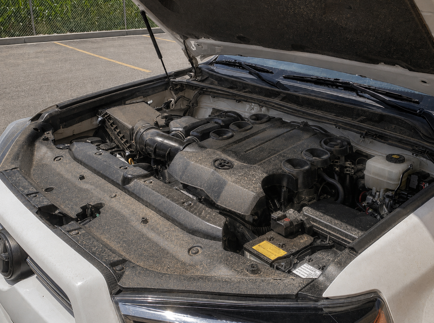 Toyota engine bay before detailing